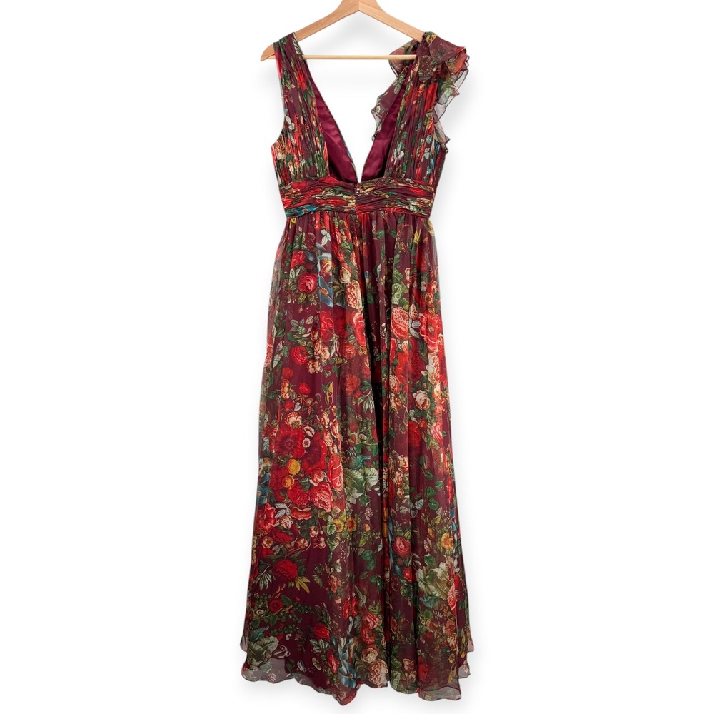 Mac Duggal Wine Sleeveless V-Neck Floral Chiffon Ruffle Ball Gown - Size 6 - Picture 12 of 14
